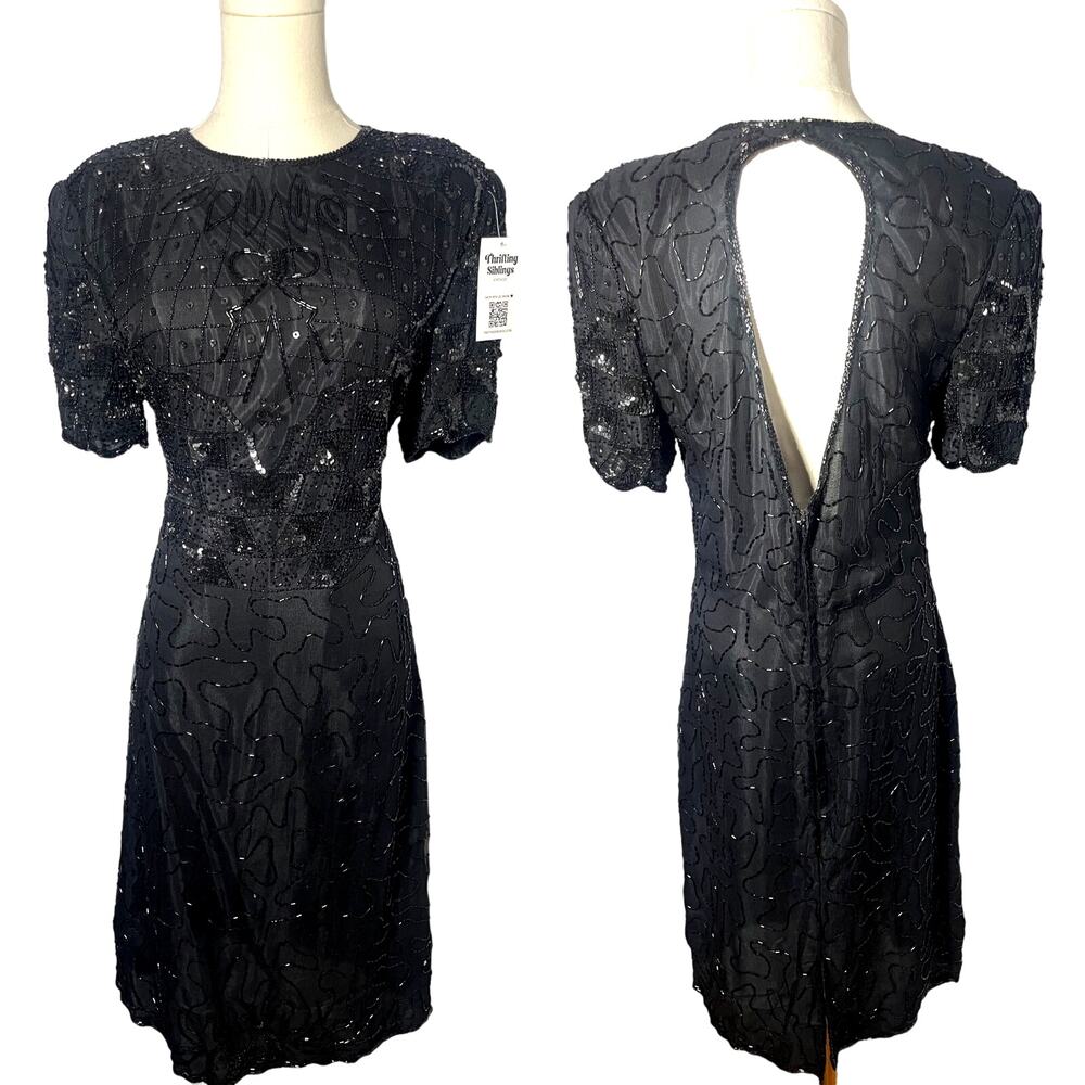 Vintage flapper dress black Sequin Beaded Mini Dress | Small Medium
